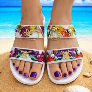 Shoes‎ Sandals Two Straps White/Multi (W-9) Rhinestone Custom made Designs